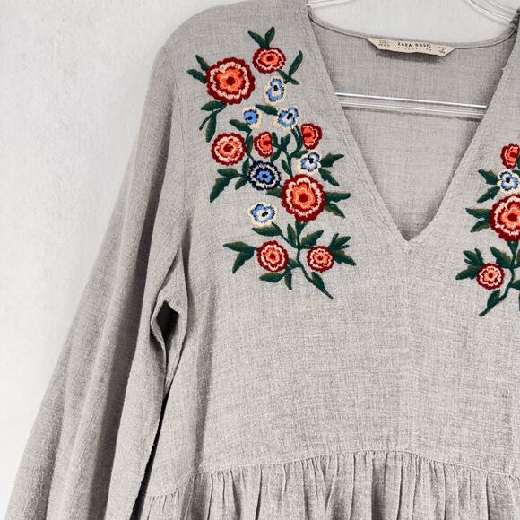 Zara Boho Floral Embroidered Peasant Top Western Cottagecore Blouse Gray L - Picture 8 of 8